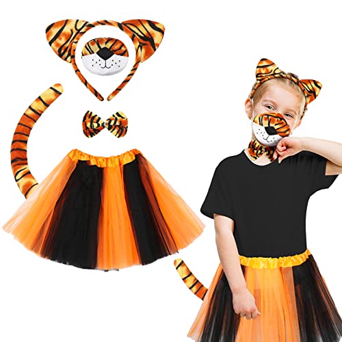 Marsui 5 Stück Fasching Tiger Leopard Kostüm Set Tier Kostüm mit Faschingskleid Tutu Rock Tier Leopard Ohren Stirnband Haarreif Schwanz Fliege Nase Zubehör für Kinder von Marsui