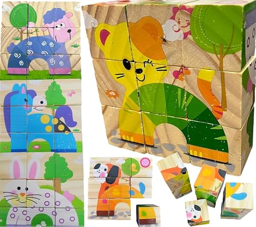 Holzblock Puzzle Set, 6 Verschiedene Bilder, 9 Blöcke Würfelpuzzle aus Holz, 3D, 6-in-1-Puzzle, Tiermotive, Holz-Montessori-Puzzle, Lernspielzeug, Holzspielzeug für Jungen und Mädchen Holzblock Puzzle Set, 6 Verschiedene Bilder, 9 Blöcke Würfelpuzzle aus Holz, 3D, 6-in-1-Puzzle, Tiermotive, Holz-Montessori-Puzzle, Lernspielzeug, Holzspielzeug für Jungen und Mädchen von Martom