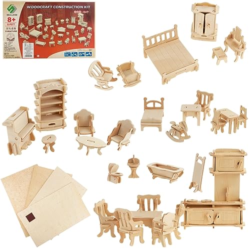 Martom® Holzmöbel-Set für Puppenhaus, 34-TLG. Falten und Holz 3D Puzzle, Puzzlen Miniatur-Holzmöbelset für Puppenhaus, Möbelzubehör, Holzmöbel für Puppen, Baby- und Kinderwiege, Geschenk. von Martom