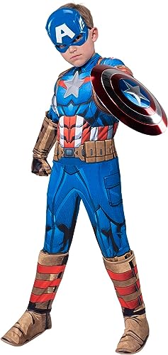 Marvel Deluxe Captain America-Kostüm – Inklusive gepolstertem Muskel Jumpsuit mit 3D-Boot-Tops, Schild, Maske und geformtem Gürtel (klein 5-6) von Marvel