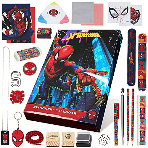 Marvel Adventskalender 2023 Spiderman Avengers Adventskalender Kinder Jungs mit Schulsachen Schlüsselanhänger Spielzeug (Spiderman Mehrfarbig) von Marvel
