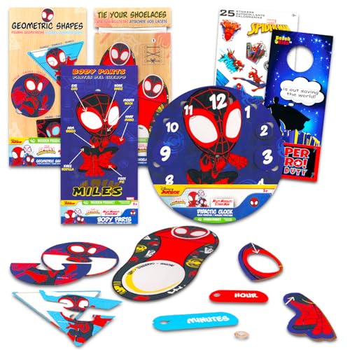 Spiderman Miles Morales Holzpuzzles 4 Pack - Bundle mit 4 Spidey Miles Morales Lernpuzzles mit Formen, Körperteilen, Schuhbinden, Zeiterzählung, Aufklebern, mehr | Spidey and Friends Lernspielzeug von Marvel