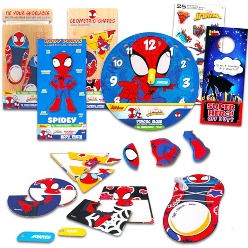 Spidey and Friends 4 Pack Wood Puzzles - Bundle with 4 Spiderman Educational Puzzles with Shapes, Body Parts, Shoe Telling and Time-Telling Plus Stickers | Spidey and Friends Educational Toys for Spidey and Friends 4 Pack Wood Puzzles - Bundle with 4 Spiderman Educational Puzzles with Shapes, Body Parts, Shoe Telling and Time-Telling Plus Stickers | Spidey and Friends Educational Toys for von Marvel