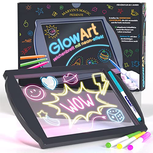 Marvin's Magic - Neon-Glühen Bastelset - Kinder-Kunst-Set - inkl. Neon-Effekt-Zeichentafel mit integriertem Ständer und 4 fluoreszierenden Zauberstiften - Schwarz von Marvin's Magic