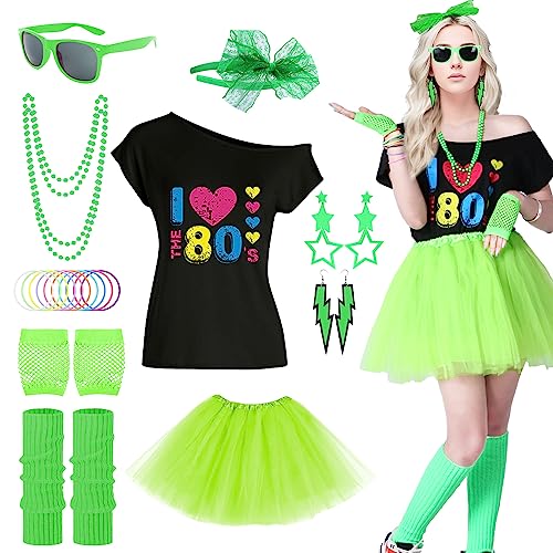 80er Jahre Outfit Damen, Kostüm Damen 80er Jahre Kleidung Damen Set, Kostüm Zubehör Set mit T-Shirt Tutu Stirnband Ohrring Halskette für Mottoparty, Karneval (Grün-Set, L) von Maryparty