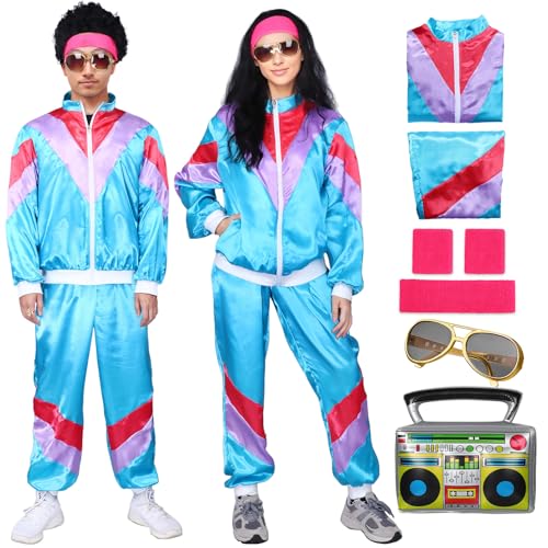 80er Jahre Outfit Damen Herren, Kostüm Trainingsanzug Jacke Hose, Retro Anzug Kostüm, 80er 90er Jahre Herren Damen, Party Accessoires für Faschingskostüm Karneval (blau, L(175-180 cm)) von Maryparty