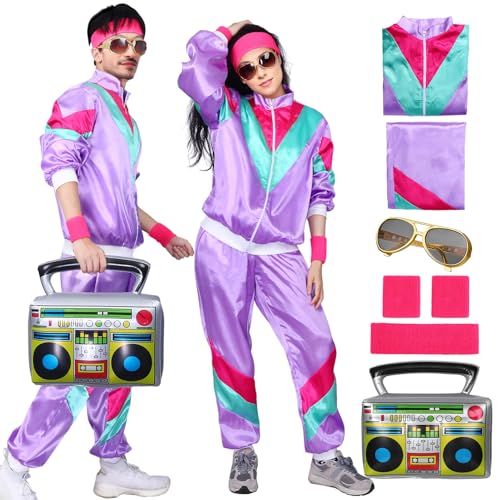 80er Jahre Outfit Damen Herren, Kostüm Trainingsanzug Jacke Hose, Retro Anzug Kostüm, 80er 90er Jahre Herren Damen, Party Accessoires für Faschingskostüm Karneval (lila, M(160-175 cm)) von Maryparty