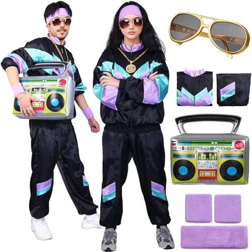 80er Jahre Outfit Damen Herren, Kostüm Trainingsanzug Jacke Hose, Retro Anzug Kostüm, 80er 90er Jahre Herren Damen, Party Accessoires für Faschingskostüm Karneval (schwarz, S(155-160 cm)) von Maryparty