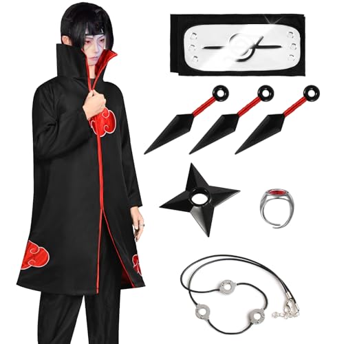 Akatsuki Mantel für Kinder Erwachsener Unisex Cosplay Kostüm, Cosplay Halloween Party Kostüm Umhang mit Stirnband (schwarz, 165-175cm) von Maryparty