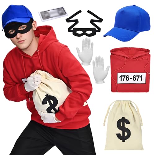 Banditen Kostüm Herren Hoodie mit Maske, Karneval Cosply Kostüm Outfit Sweatshirt Maske Set Cap Handschuhe Einbrecher Bankräuber Verkleidung für Halloween Karneval (rot, S) von Maryparty