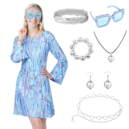 1970er Jahre Hippie Kostüm Damen Kleid Set, Karneval Kostüm Damen Große Größen, Cosplay Accessoires mit Ärmellose Fransenweste Stirnband für Faschingskostüme Halloween Party Karneval (Blau, XXL) von Marypaty