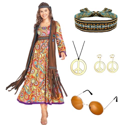 1970er Jahre Hippie Kostüm Damen Kleid Set, Karneval Kostüm Damen Große Größen, Cosplay Accessoires mit Ärmellose Fransenweste Stirnband für Faschingskostüme Halloween Party Karneval (Braun, M) von Marypaty