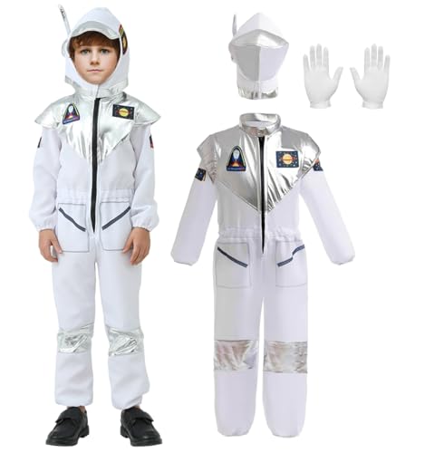 Astronaut Kostüm mit Helm für Kinder, Jumpsuit Onesie Weiß mit Mütze, Handschuhe, Unisex, mit silberfarbenen Streifen, Gastgeschenke, Raumfahrer, Weltall, Verkleidung, Karneval, Mottoparty (110) von Marypaty