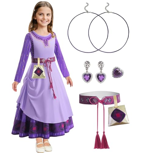 Marypaty Asha Kostüm Mädchen Prinzessin Kleid Mädchen mit Tasche Ohrringe Halskette Prinzessin Kostüm Accessoires für Mädchen, Halloween Karneval Cosplay Kostüm (130(6-7 Jahr)) von Marypaty