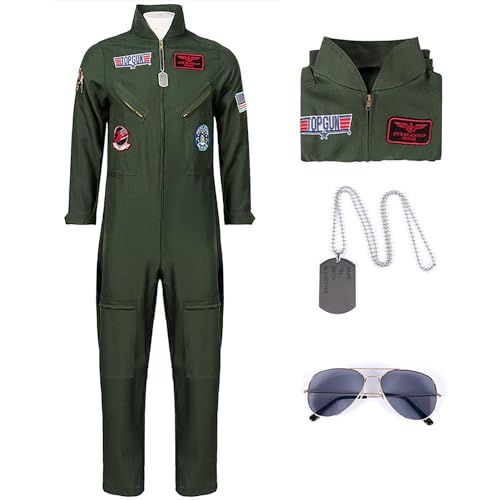 Marypaty Kampfjetpilot Kostüm für Herren mit Brille, Flieger Jumpsuit Erwachsene, Pilotenanzug, Uniform mit Sonnenbrille, Faschingskostüme für Karneval Cosplay Party (2XL) von Marypaty