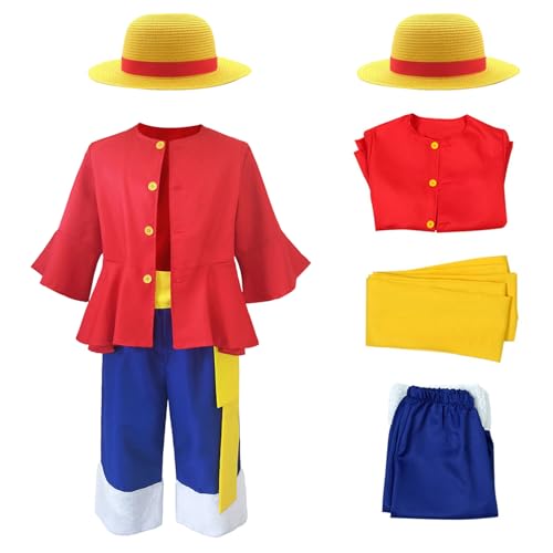 Marypaty Luffy Kostüm Erwachsene Kind One Piece Anime Monkey D. Luffy Cosplay Strohhut Tops Hosen Gürtel Outfit Halloween Karneval Geburtstagsgeschenke (140) von Marypaty