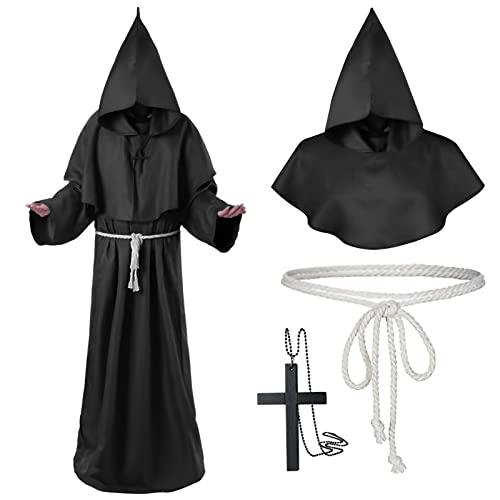 Marypaty Mönch Kostüm Mittelalter Kostüm Herren Priester Kostüm Herren Mönch Robe mit Kapuze, Cosplay Umhang für Halloween Karneval (schwarz, S(160-170 cm)) von Marypaty