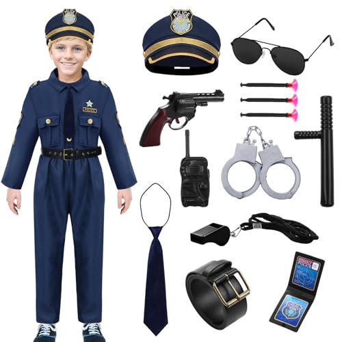 Marypaty Polizei Cosplay Kostüm Kinder, 13 Stück Polizei Zubehör mit Hose Hut Gürtel Trillerpfeife, Polizei Spielzeug für Kinder Faschingskostüme Karneval Halloween Cosplay Rollenspiel (2XL) von Marypaty