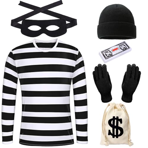 Marypaty Räuber Kostüm Damen Herren, Bankräuber Kostüm für Erwachsener, T-Shirt, Mütze, Handschuhen, Taschen und Augenmaske für Halloween Karneval Cosplay Kostüm (Herren, M) von Marypaty