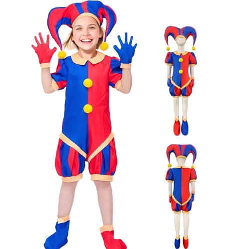 Marypaty The Amazing Digital Circus Kostüm Set Kinder, Pomni Anime Costume Cosplay Jumpsuit Outfit Bodysuit mit Hut Handschuhe Socken, Clown Kostüm für Karneval Halloween Cosplay Party (140) von Marypaty