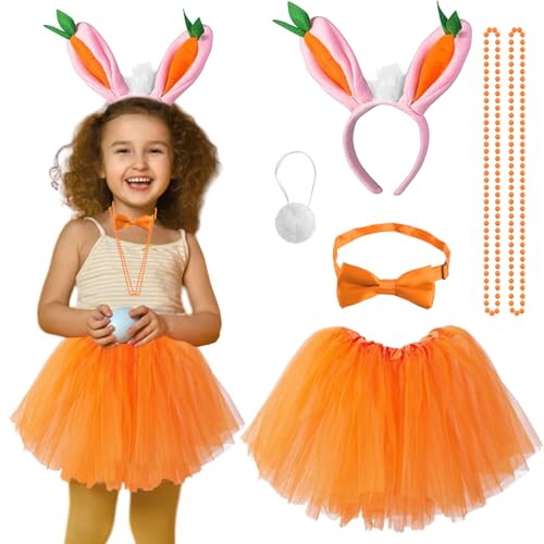 Osterhase Kostüm für Mädchen, Orange Tüllrock TüTü Röcke mit Hasenohren, Fliege, Karotten-Stirnband, Kaninchen Kostüm Kinder, Hase Zubehör für Ostern Fasching Karneval Cosplay Party von Marypaty