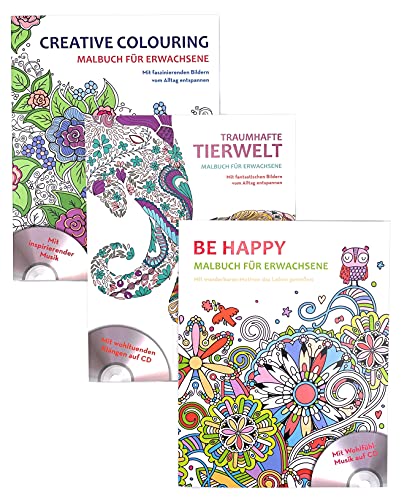 3er Set Erwachsenen Malbücher mit Musik CD für Entspannung, Meditation & Anti-Stress (Tierwelt, Be Happy & Creative Colouring) von Marzoon