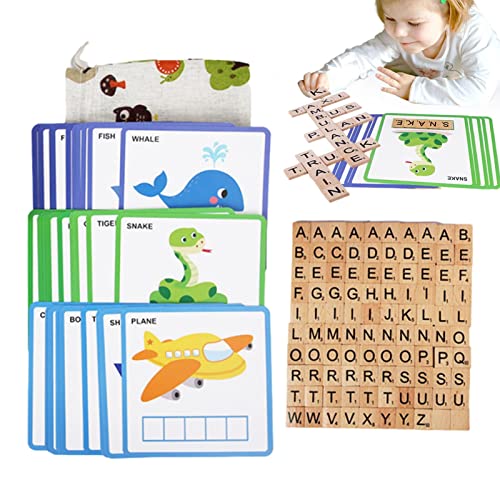 Maseyivi 2 Pcs Rechtschreibspiele aus Holz, Rechtschreibspiel aus Holzklötzen - Zweiseitiges kognitives Karten-Buchstabenpuzzle,Buchstaben-Puzzle-Alphabet-Matching-Spielkarten, passendes von Maseyivi