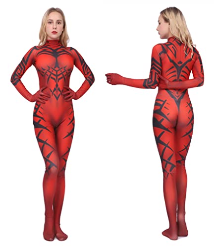 Masfrida Damen Darth Talon Kostüm, Body, roter bedruckter Overall, Sith-Krieger, Cosplay, Einteiler, Halloween, Karneval, Outfit (groß) von Masfrida