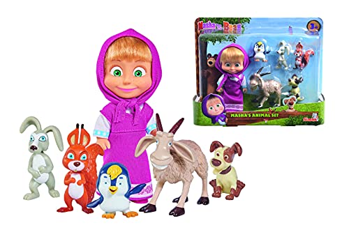 Simba 109301060 - Mascha und der Bär und ihre Tierfreunde, Masha mit ihren 5 Tierfreunden, Hase, Hund, Eichhörnchen, Steinbock und Pinguin, 12cm, ab 3 Jahre von Masha and the Bear