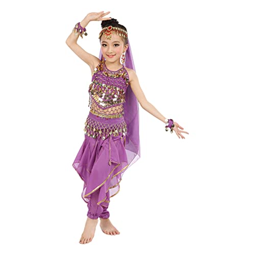 Mashaouyo 6 handgefertigte Bauchtanz-Kostüme für Kinder, Mädchen, Bauchtanz-Kostüme, Stoff-Sets für Mädchen, Teenager-Outfits (lila, 6–7 Jahre) von Mashaouyo
