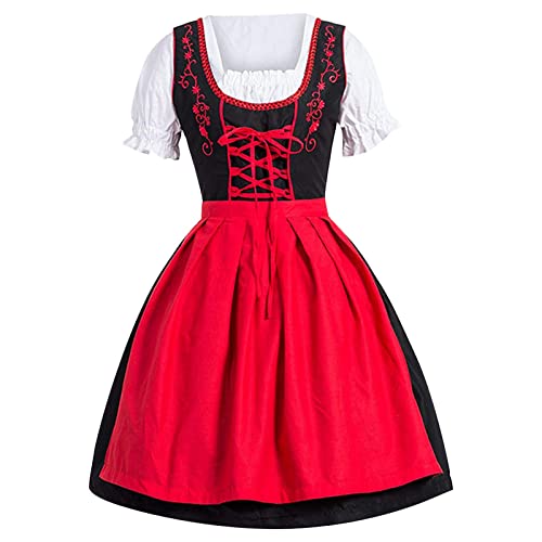 Maskjuwio Hochzeitskleid Deutsches Kleid für Damen in Übergröße mit eckigem Ausschnitt, Schürze, Biermädchen-Kostüm (Red, XL) von Maskjuwio