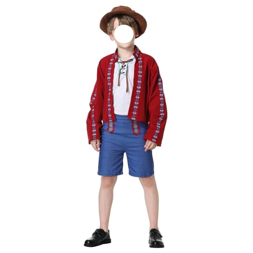 Maskjuwio Jungenanzüge Oktoberfest Karneval Retro Traditionelle Ethnische Eltern-Kind-Kostüme Performance-Kostüme Kinderbieranzüge Anzüge Bekleidungsset Junge (Red, 10-11 Years) von Maskjuwio