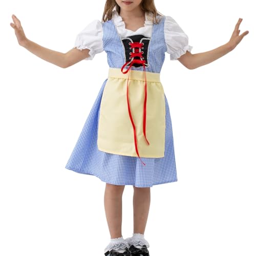 Maskjuwio Mädchenrock Bierfest Karneval Retro Cosplay Kostüm Traditionelles Nationales Eltern-Kind-Kostüm Kinderbier Retrorock Faltenrock Mädchen 140 (Light Blue, 6-7 Years) von Maskjuwio