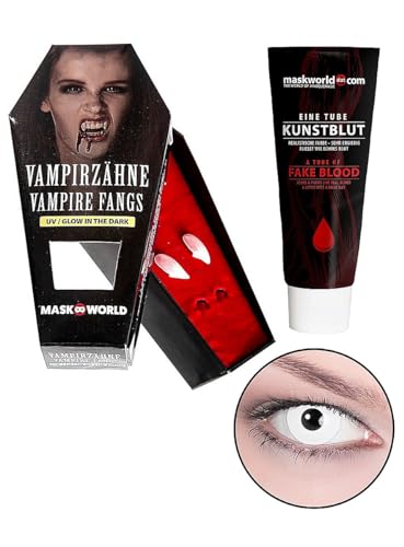 Halloween Special-Effect Blood Eyes Vampir-Set (Vampirzähne + Kunstblut + Kontaktlinsen) von Maskworld