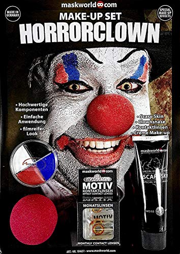 Hochwertiges Halloween Schminke Komplett-Set Horror Clown mit perfekt abgestimmten Komponenten - Make-Up - Clownsnase - Scary Skin - Kontaktlinsen von Maskworld