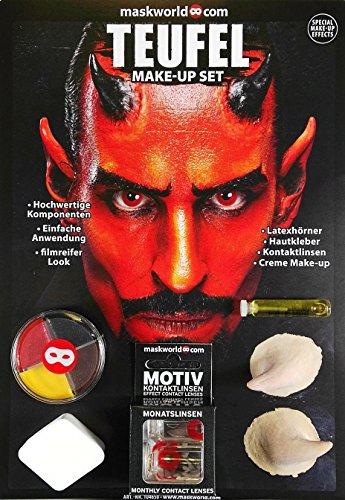 Hochwertiges Halloween Schminke Komplett-Set Teufel mit perfekt abgestimmten Komponenten - Make-Up - Hörner - Hautkleber - Kontaktlinsen - Verkleidung - Party Hochwertiges Halloween Schminke Komplett-Set Teufel mit perfekt abgestimmten Komponenten - Make-Up - Hörner - Hautkleber - Kontaktlinsen - Verkleidung - Party von Maskworld