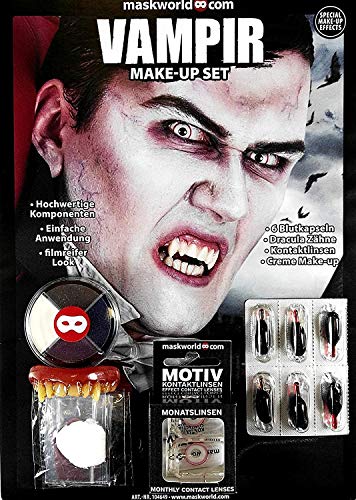 Hochwertiges Halloween Schminke Komplett-Set Vampir mit perfekt abgestimmten Komponenten - Make-Up - Vampirzähne - Kunstblut - Kontaktlinsen von Maskworld