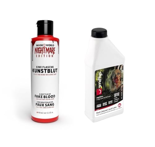 Horror Schmink Flaschen Make-Up Set XXL - Kunstblut (400 ml) und Latexmilch (470 ml) für großflächige Horror Effekte und Halloween Dekoration von Maskworld