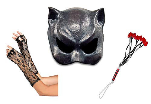 Maskworld Catwoman Accessoire Set 3-teilig - Halb-Maske mit Ohren, Neunschwänzige Katze mit Herzen, Fingerlose Lange Handschuhe aus Spitze - schwarz von Maskworld