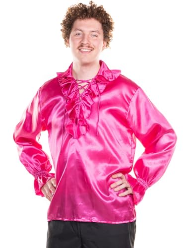 Maskworld Glänzendes Satinhemd mit Rüschen pink - Größe: 54-56 - Kostüm-Oberteil Karneval & Motto-Party von Maskworld