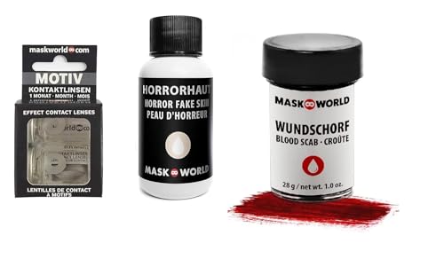 Maskworld Halloween Schmink-Set Zombie XXL - Profi Make-Up Kunstblut Latexmilch Anleitung (Wundschorf + Horrorhaut + Kontaktlinsen) von Maskworld