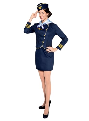 Maskworld Hochwertiges Flugbegleiterin Kostüm mit Flieger Emblem und goldenen Säumen perfekt für Fasching Karneval Mottopartys & Halloween - Stewardess Verkleidung Uniform Anzug- Größe L von Maskworld