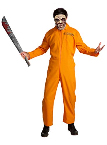 Maskworld Killer Häftling Kostüm mit orangem Overall, blutiger Machete & Zombie-Maske - Größe: M - Halloween Karneval & Motto-Party von Maskworld