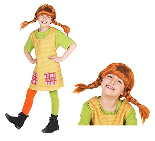 Maskworld Pippi Langstrumpf Komplett Kostüm für Kinder - 4teilig mit Perücke - grün/gelb Lizenz Filmkostüm (134/140) von Maskworld