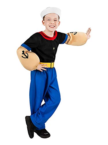 Popeye Comic Seemann Kinder-Kostüm 7-teilig - Hemd, Hose, Muskel-Arme und Matrosenmütze (110-116) von Maskworld