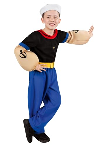 Popeye Comic Seemann Kinder-Kostüm 7-teilig - Hemd, Hose, Muskel-Arme und Matrosenmütze (110-116) von Maskworld