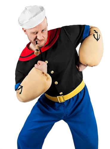 Popeye Comic Seemann Kostüm 6-teilig mit Hemd, Hose, Muskel-Armen und Matrosenmütze (S) von Maskworld