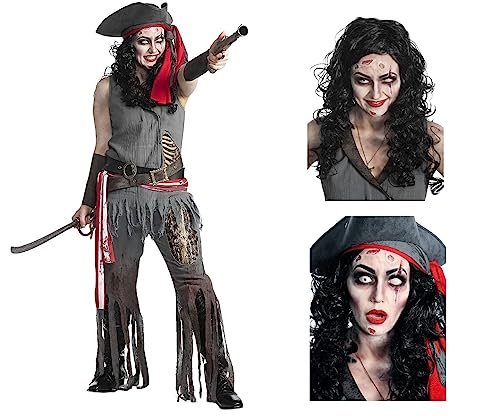 Maskworld - Verflucht gutes Zombie-Piratin Kostüm und Perücke Und Make-Up-Set - Untoter Pirat für Frauen Größe: L - Karneval, Fasching, Halloween & Motto-Party Verkleidung - Complete-Edition von Maskworld