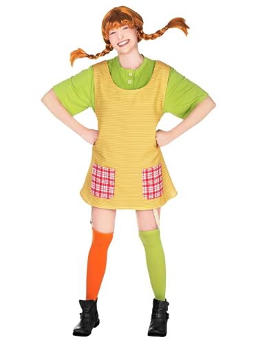 Maskworld Pippi Langstrumpf Kostüm - original lizensiert - Karneval Faschingskostüm Damen mit Baumwoll-Shirt, Schürze, Strümpfen – S von Maskworld