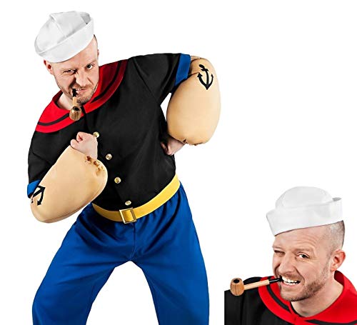 Popeye Comic Seemann Kostüm + Pfeife komplett - 7-teilig mit Hemd, Hose, Muskel-Armen, Matrosenmütze und Pfeife (XXL) von Maskworld